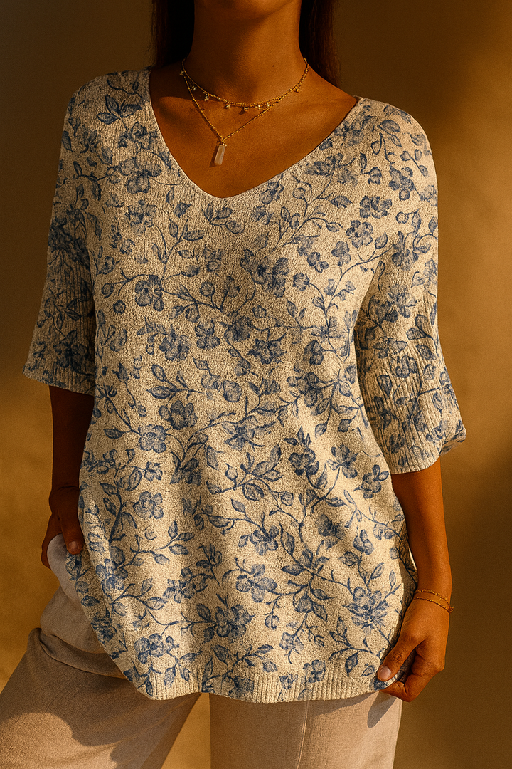 Pullover Casual a Maglia con Stampa di Fiori Blu per Donna
