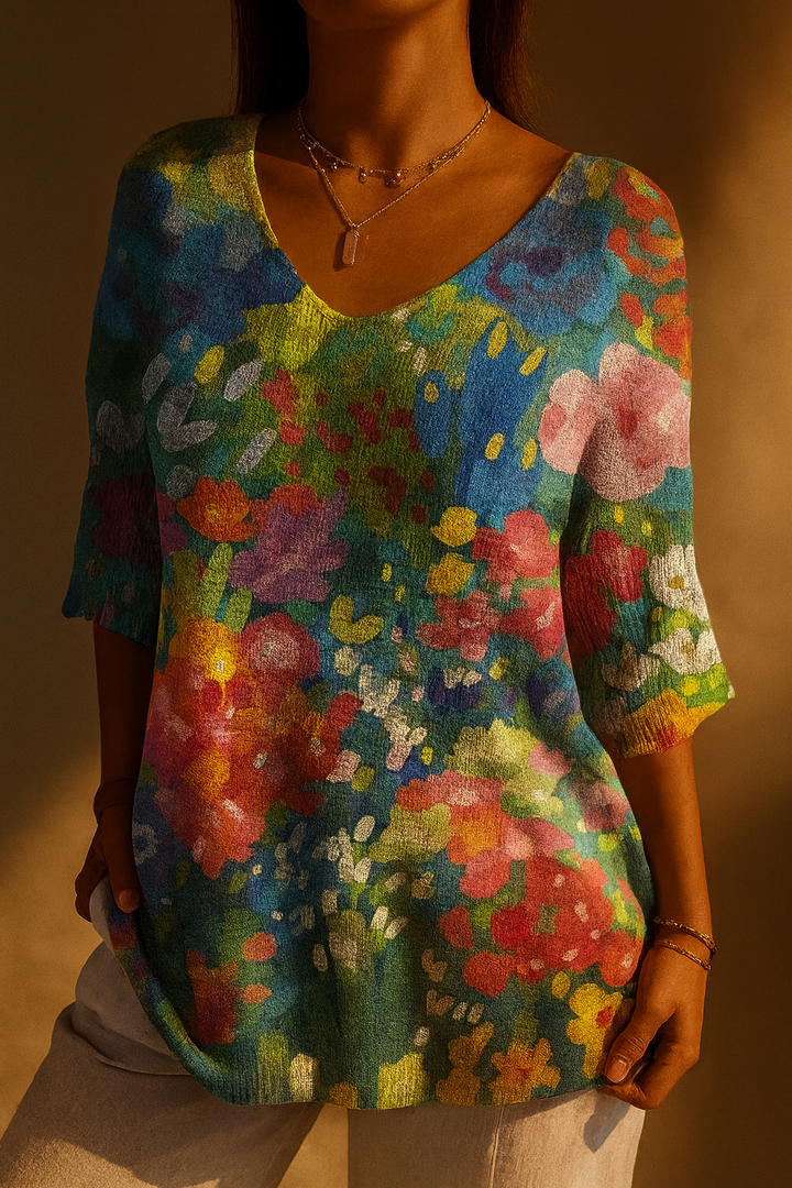 Maglione Casual con Stampa Artistica Floreale Vintage per Donna