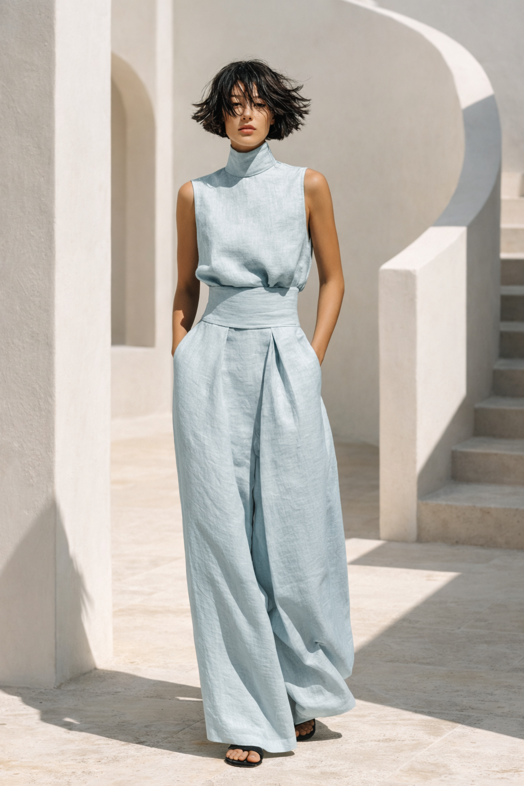 Aryana - Set composto da camicetta minimalista senza maniche e pantaloni a gamba larga
