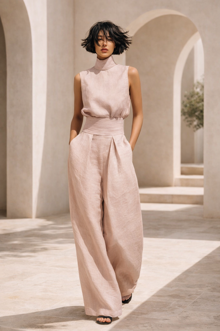 Aryana - Set composto da camicetta minimalista senza maniche e pantaloni a gamba larga