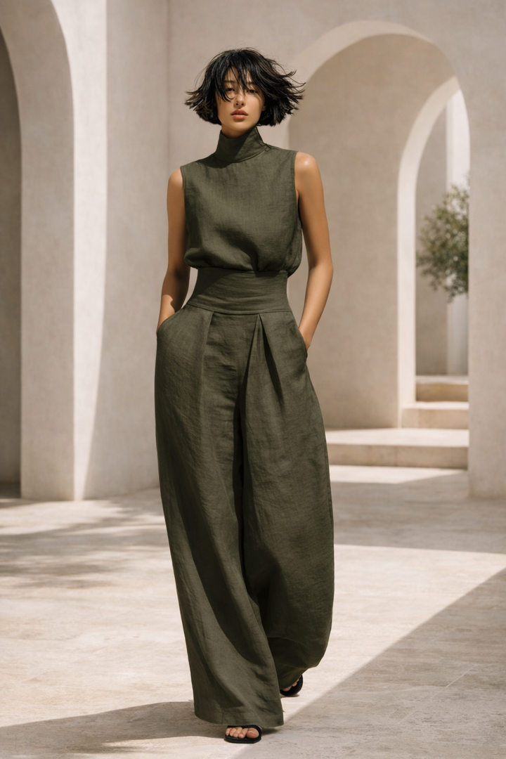Aryana - Set composto da camicetta minimalista senza maniche e pantaloni a gamba larga