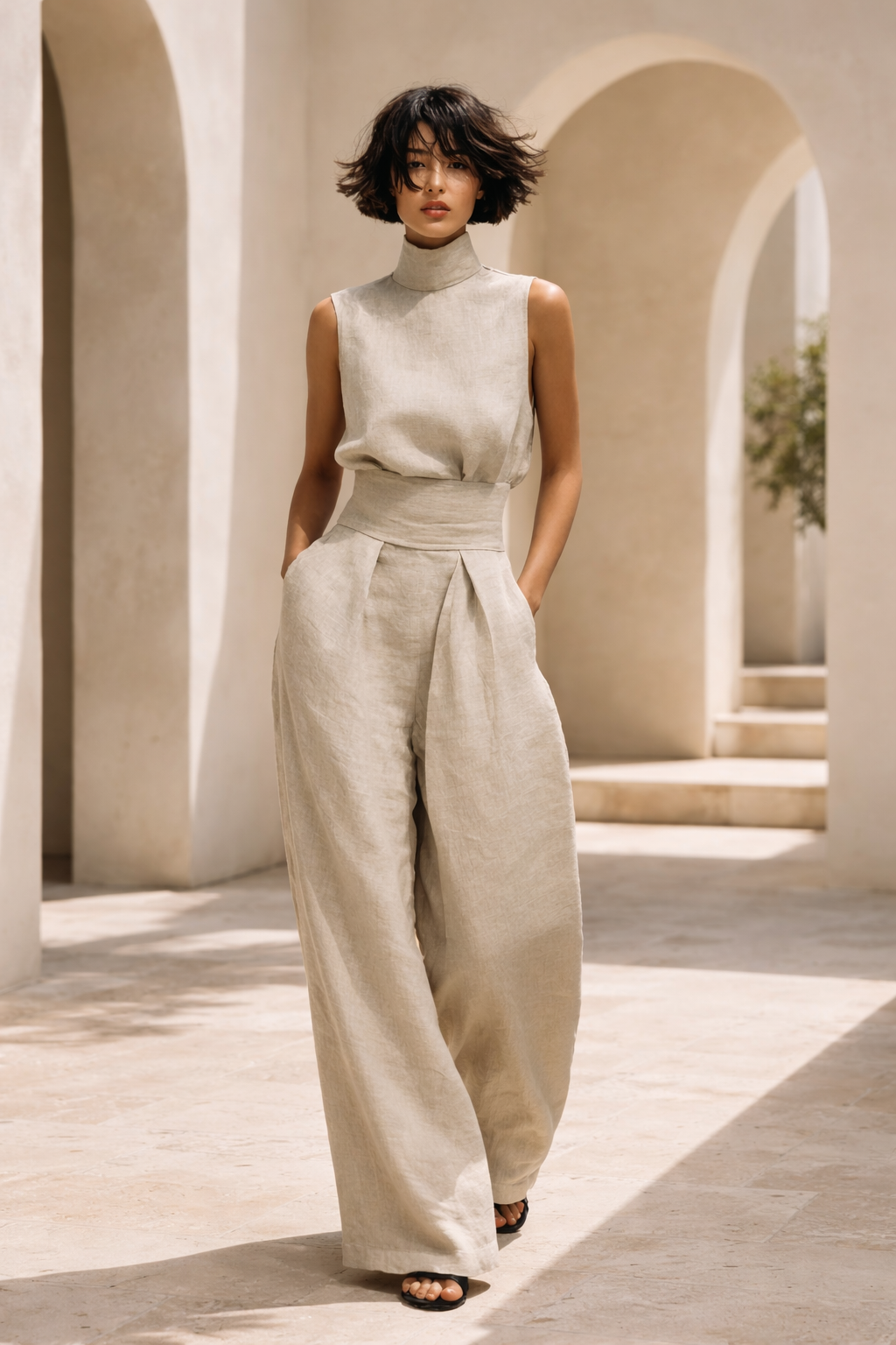 Aryana - Set composto da camicetta minimalista senza maniche e pantaloni a gamba larga