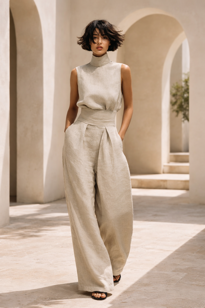 Aryana - Set composto da camicetta minimalista senza maniche e pantaloni a gamba larga