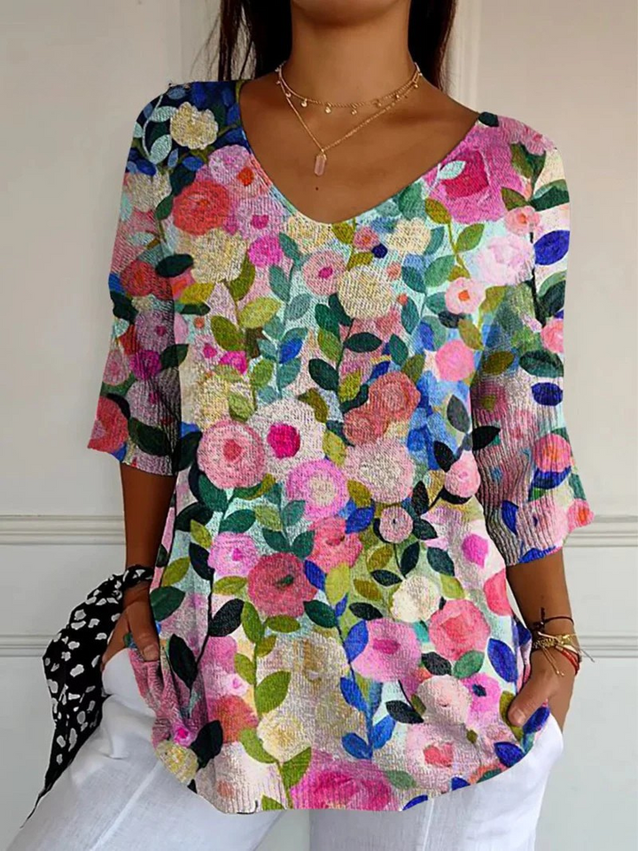 Pullover Casual in Maglia Stampato con Fiori Colorati per Donna
