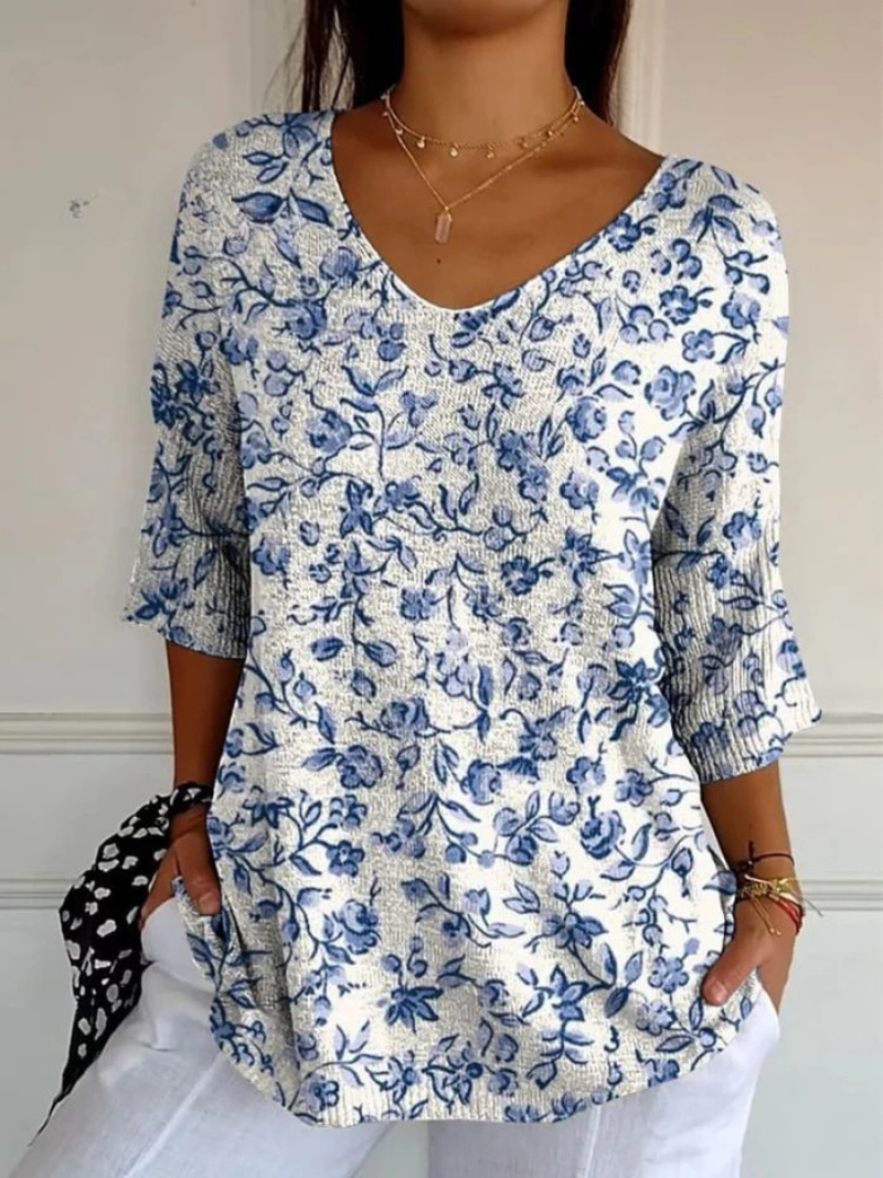 Pullover Casual a Maglia con Stampa di Fiori Blu per Donna