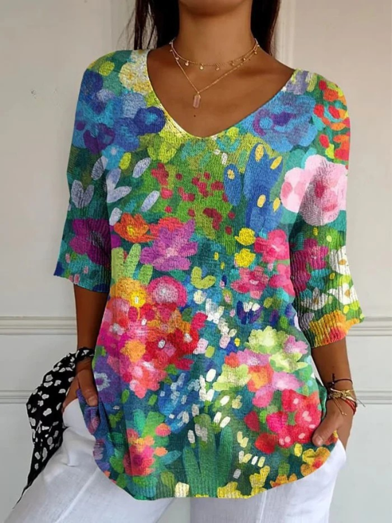 Maglione Casual con Stampa Artistica Floreale Vintage per Donna