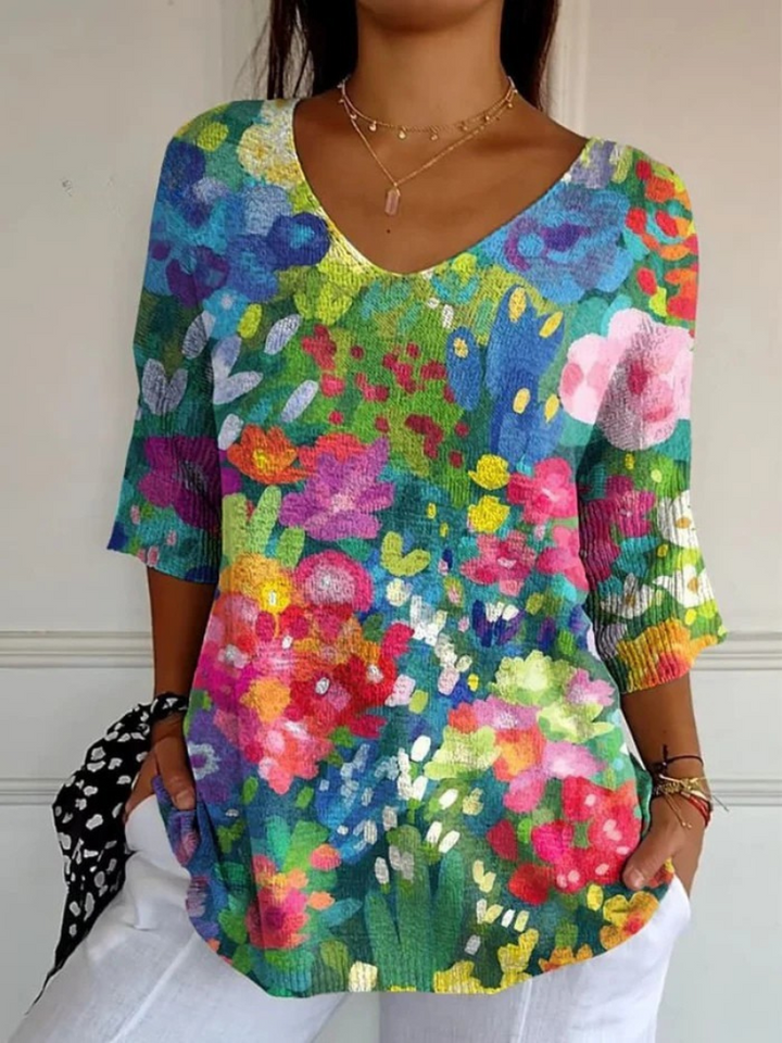 Maglione Casual con Stampa Artistica Floreale Vintage per Donna