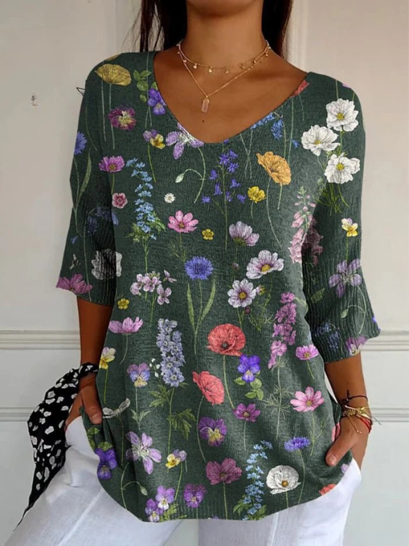 Pullover casual da donna in maglia con motivo botanico primaverile vivace