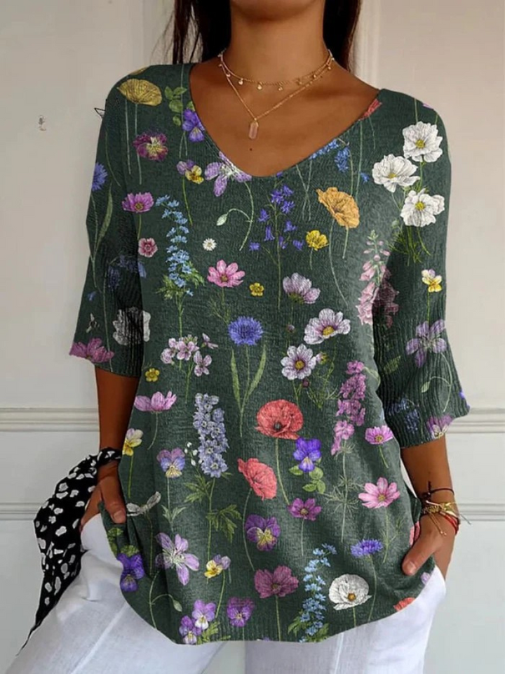 Pullover casual da donna in maglia con motivo botanico primaverile vivace